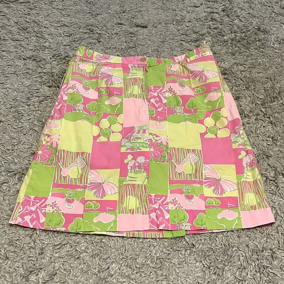 Vintage Lilly Pulitzer Pink Green Patchwork Printed Wrap Mini Skort Womens sz 4 - Picture 3 of 4
